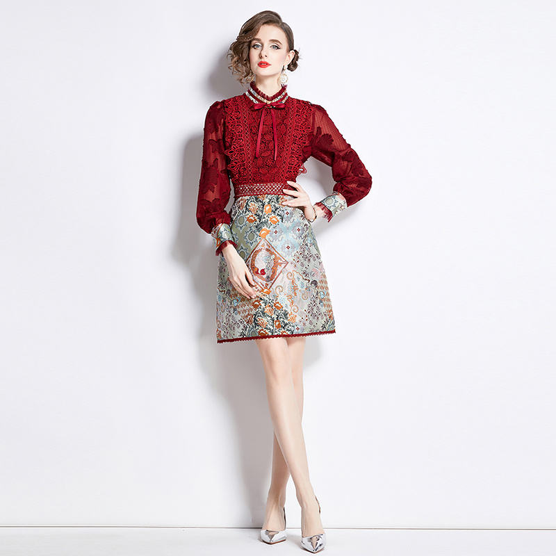 Socialite Lace Patchwork Dress - Bubble Sleeve Jacquard Slim Mini Dress