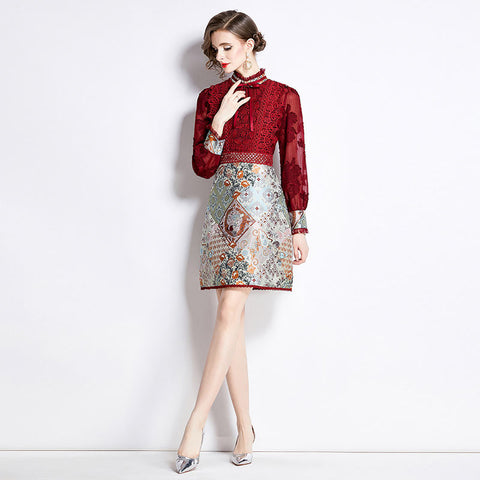 Socialite Lace Patchwork Dress - Bubble Sleeve Jacquard Slim Mini Dress