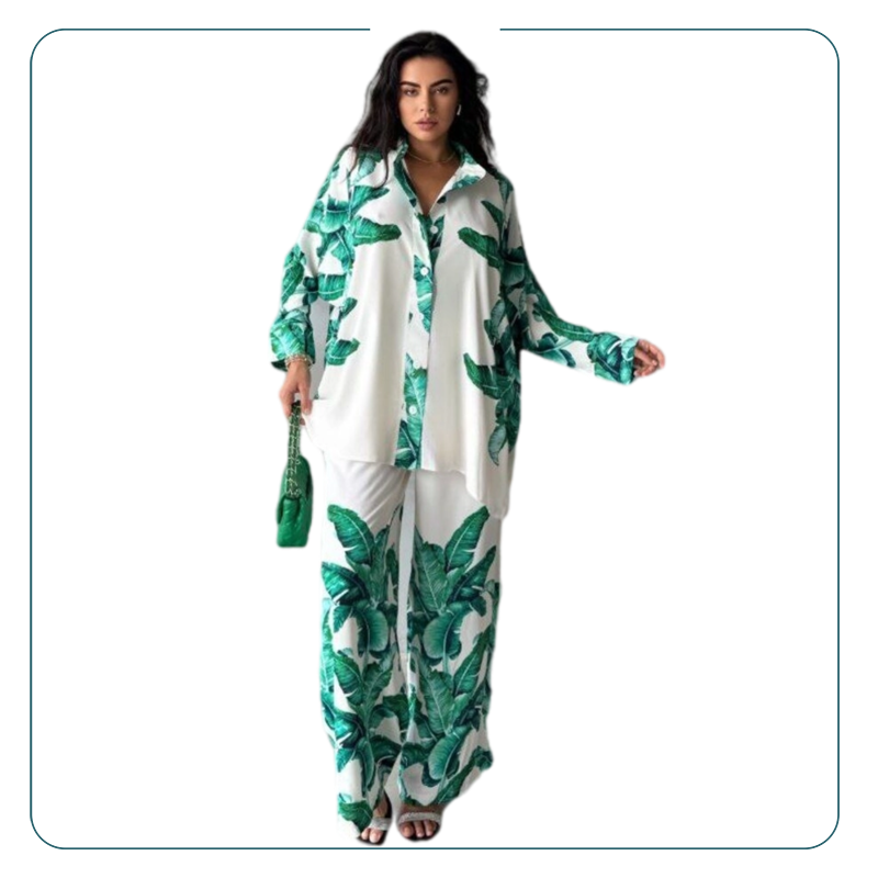 Tropical Leaf Print Two-Piece Shirt and Pant Set