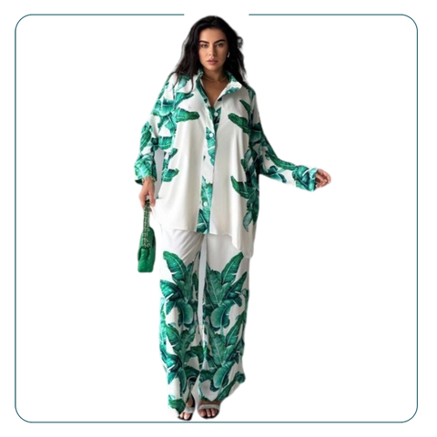 Tropical Leaf Print Two-Piece Shirt and Pant Set