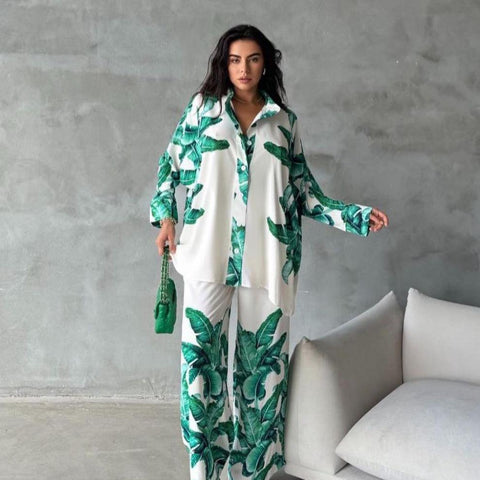 Tropical Leaf Print Two-Piece Shirt and Pant Set