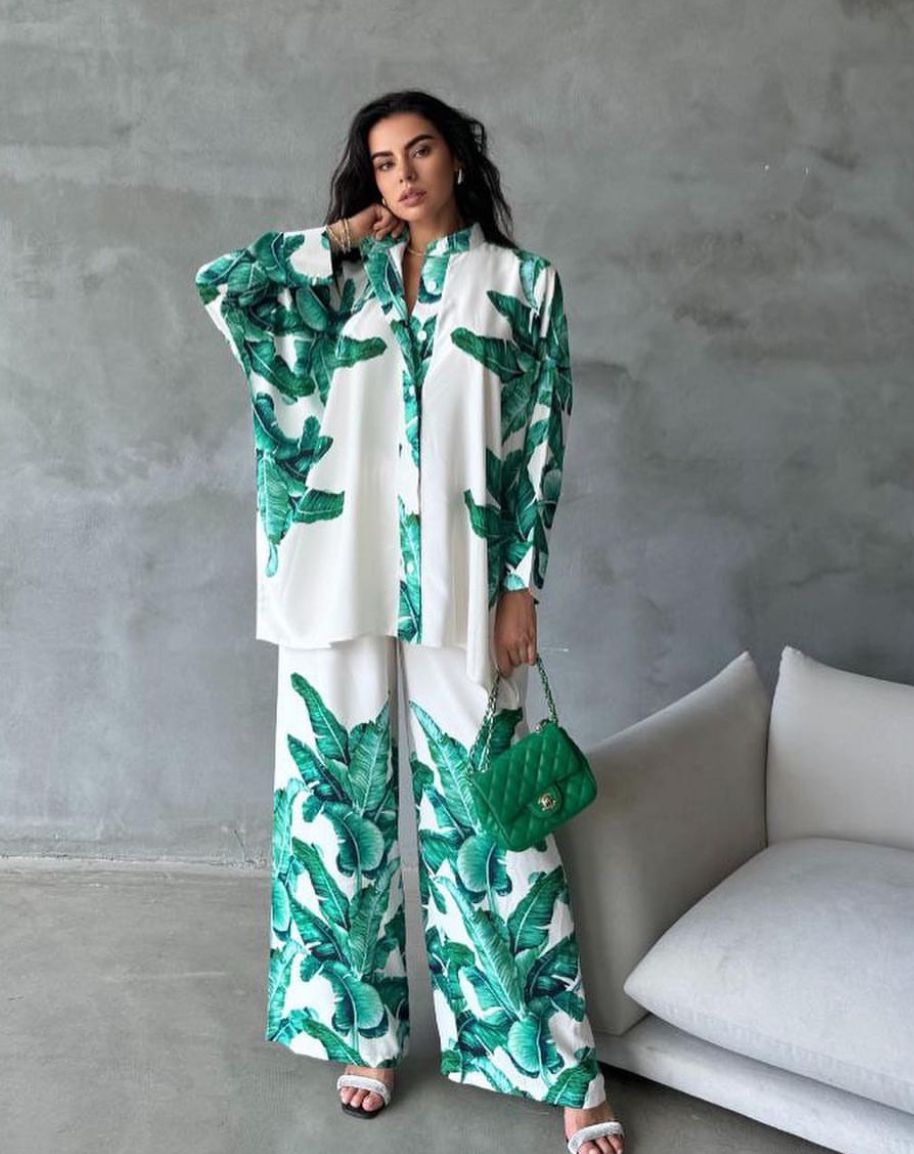 Tropical Leaf Print Two-Piece Shirt and Pant Set