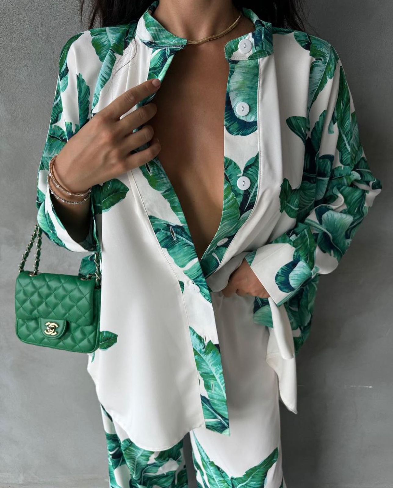 Tropical Leaf Print Two-Piece Shirt and Pant Set