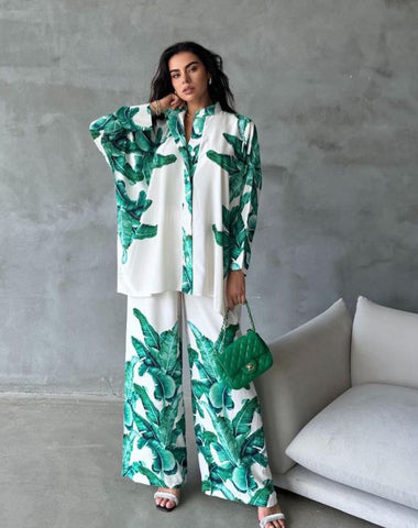 Tropical Leaf Print Two-Piece Shirt and Pant Set